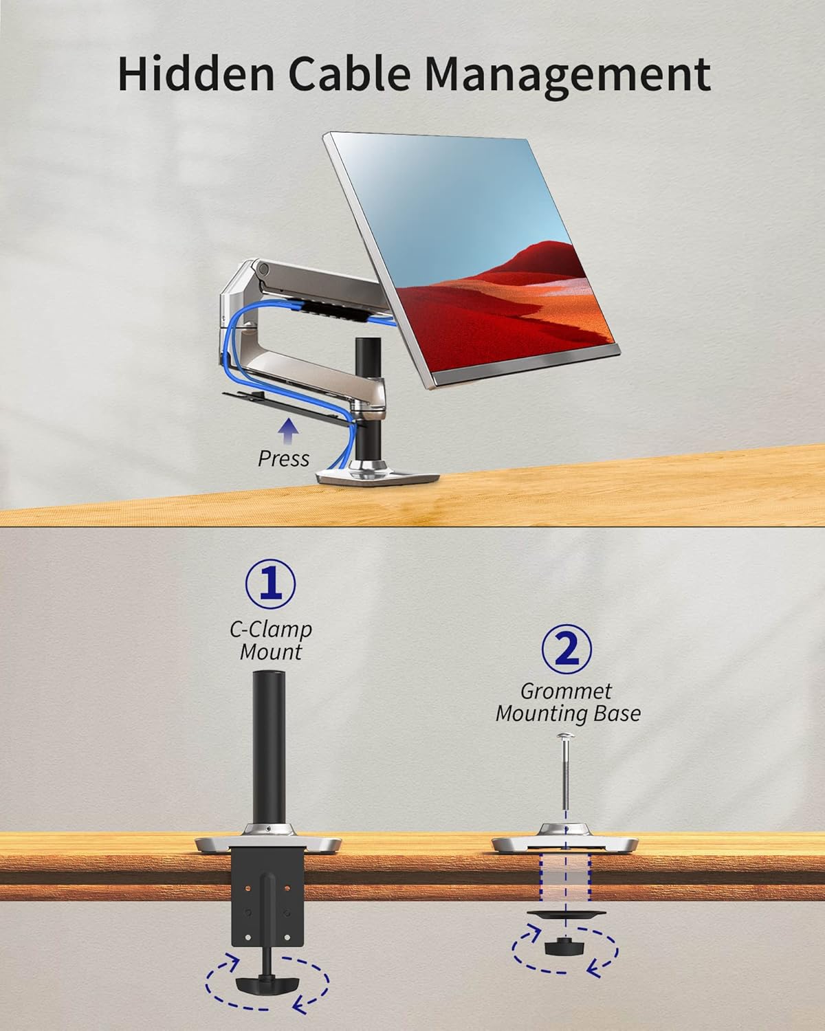 Single Monitor Arm Desk Mount, Holds Screens up to 40 Inches and 25 lbs, Fully Adjustable Vesa Monitor Mount with C-Clamp and Grommet Base, Aluminum, Silver
