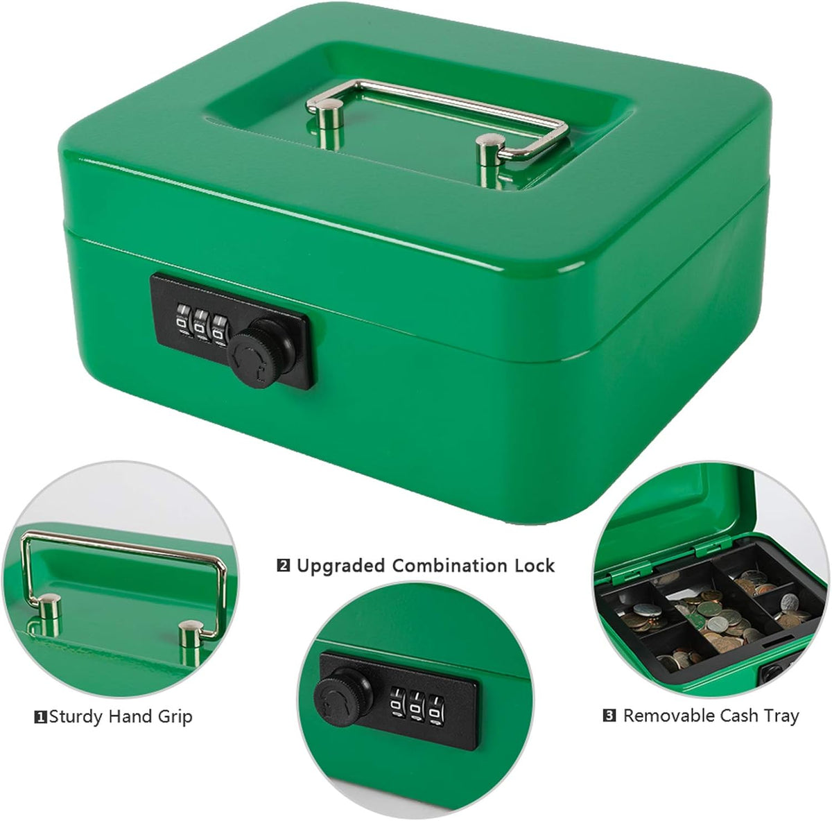 xydled Cash Box with Money Tray,Locking Cash Box with Combination Lock,Money Box with Removable Coin Tray,Medium,7.87"x 6.30"x 3.54",Green