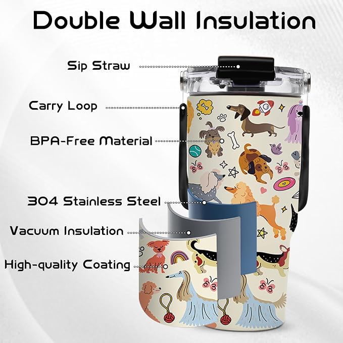 20oz Dog Tumblers - Dogs Tumbler with Straw Handle, Leak-proof, BPA-free, Double Wall Insulated, Sports Gifts Cup for Boys Girls, Insulated Coffee Tumbler Puppy Stainless Steel Cup Gifts