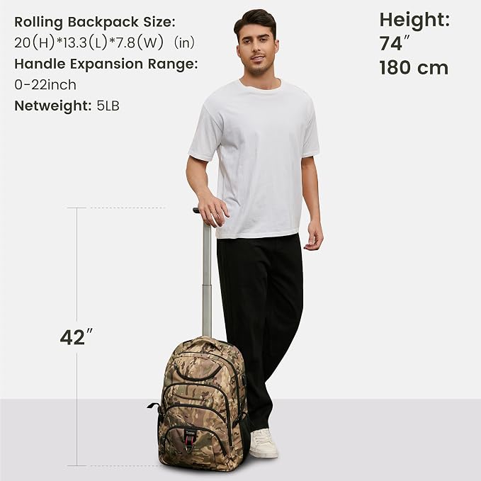 Boavan Rolling Backpack, 17 inch Water Resistant Wheeled Backpack, Carry on