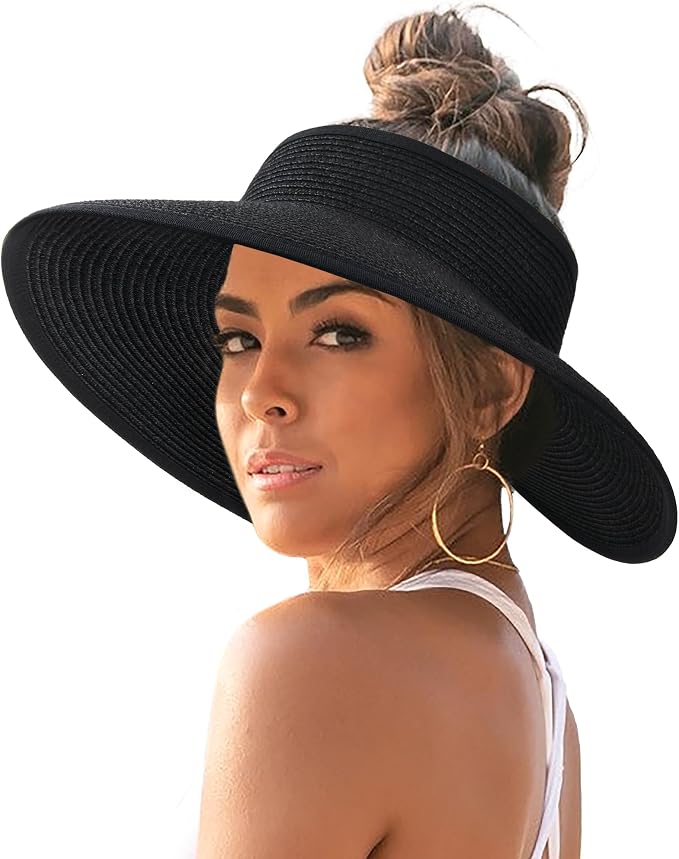 FURTALK Sun Hats for Women Wide Brim Beach Hat Straw Visor Ponytail Summer UV