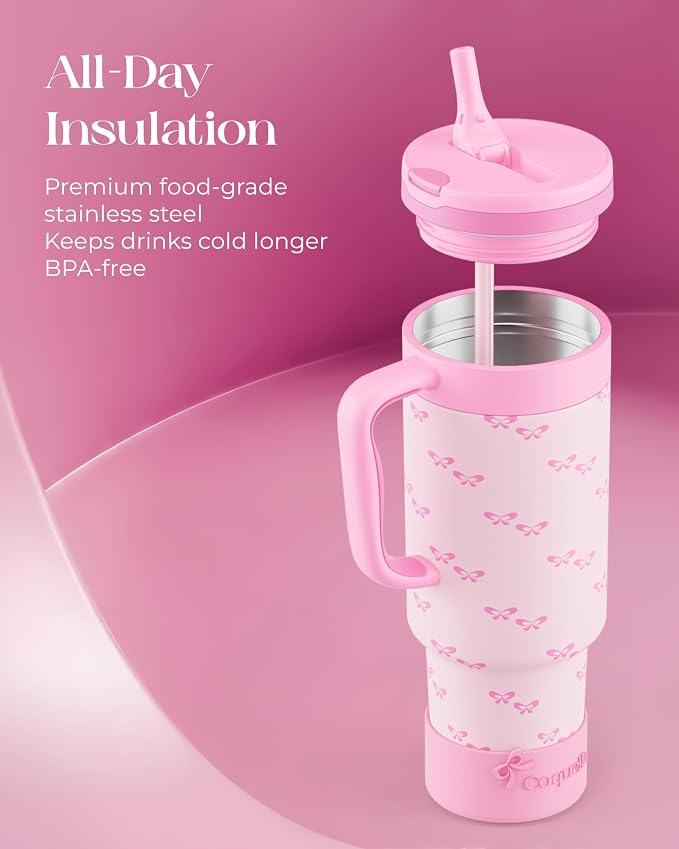 40 oz Insulated Tumbler with Handle and Push-Button Straw Lid, Stainless Steel Travel Cup for Gym Office Leakproof, BPA-Free, Cup Holder Friendly, Bow Silicone Boot, Pink (Coquette Bubblegum)
