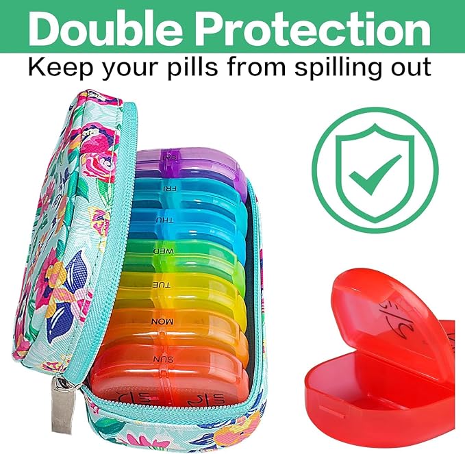 Serfeymi Weekly Travel Pill Organizer 2 Times A Day AM PM Upgraded Rainbow Pill