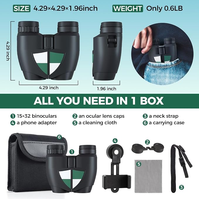 15x32 Compact Binoculars for Adults and Kids, High Power Lightweight Small