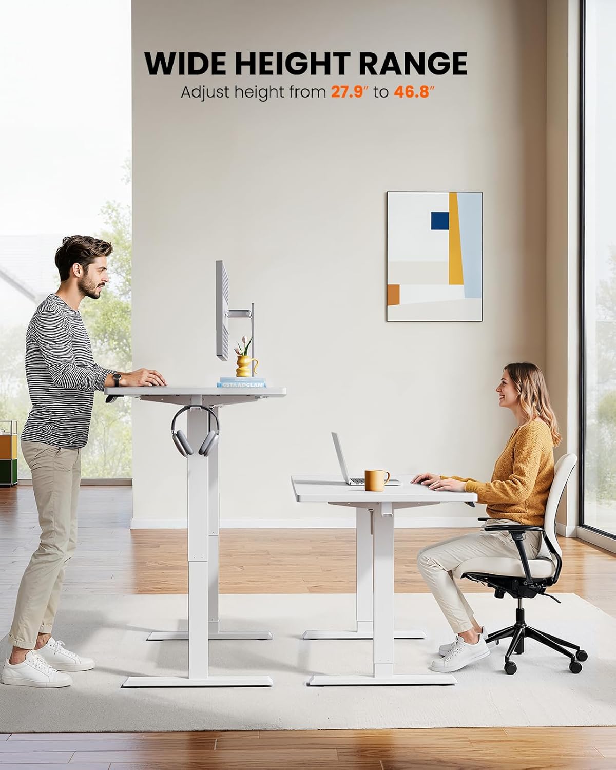 ErGear Electric Standing Desk, 55 x 28 inch Height Adjustable Sit Stand Up Desk, Computer Home Office Desk with 4 Memory Height Buttons, Two Pieces Desktop, White, EGESD112W