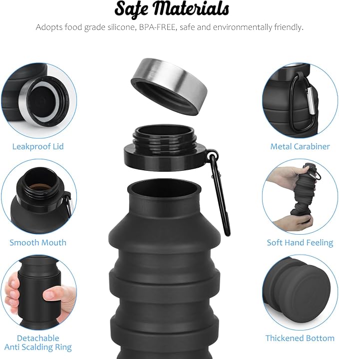 Nefeeko Collapsible Water Bottle, Reuseable BPA Free Silicone Foldable Water