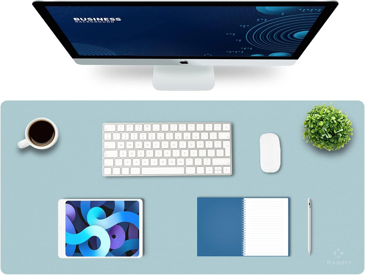 K KNODEL Large Office Leather Desk Mat, Mouse and Keyboard Pad, Computer and Laptop Mat, Desktop Protector and Cover, Writing Pad and Blotter (35.4"x17", Light Blue)
