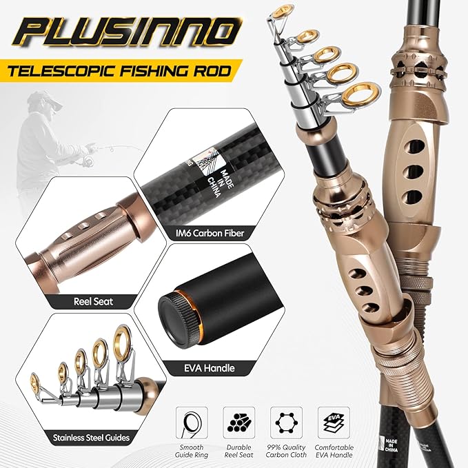 PLUSINNO Fishing Rod and Reel Combos Carbon Fiber Telescopic Fishing Pole
