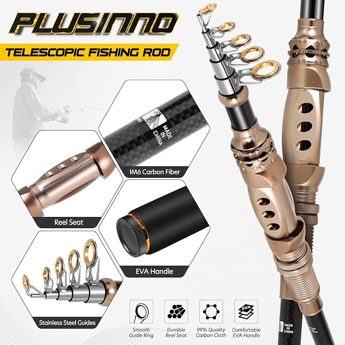 PLUSINNO Fishing Rod and Reel Combos Carbon Fiber Telescopic Fishing Pole