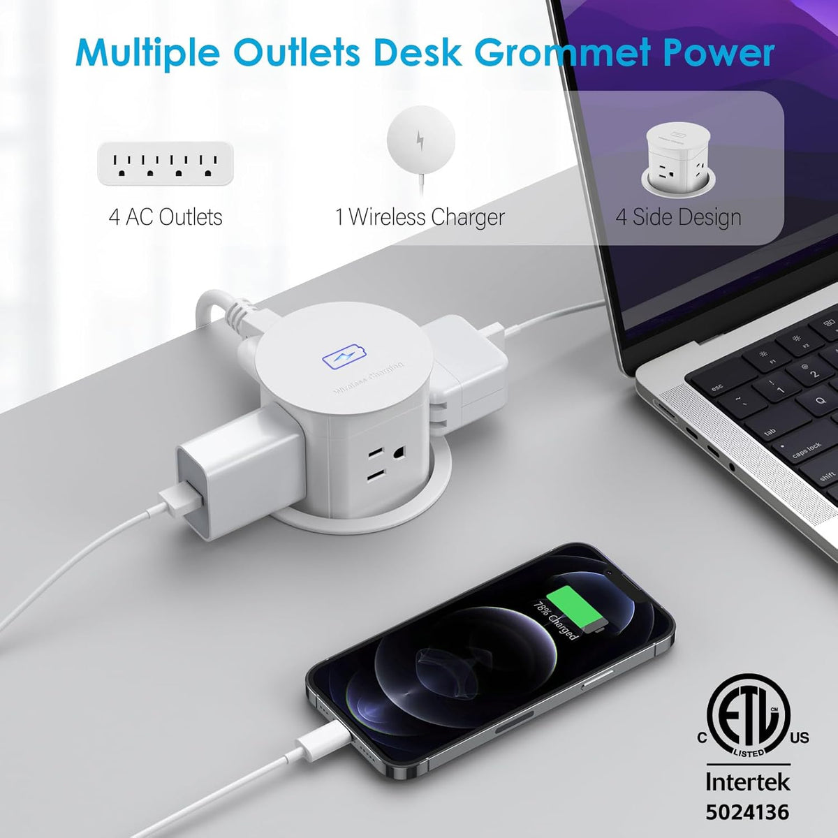 Jgstkcity Pop Up Outlet with 15W Wireless Charger,4 Outlets 15A, Splash Resistant,3 inch Desk Hole Power Grommet,Space Saver Outlet for Kitchen Countertop,Office Conference Table,ETL Listed