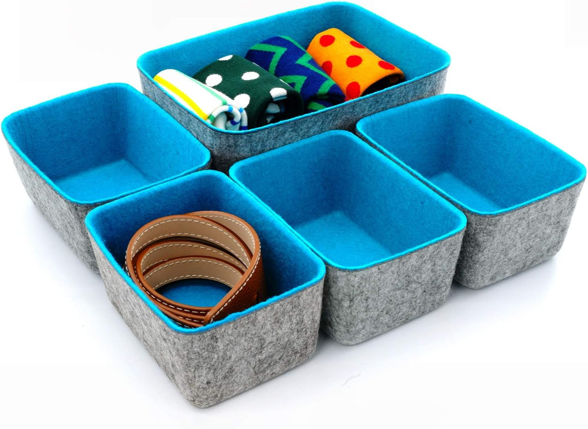 Welaxy office Drawer organizers bins Deep draw organiser Felt storage bin drawers Desk draw dividers boxes for toys makeup jewelery rolled ties organizing 5 pack (Turquoise)