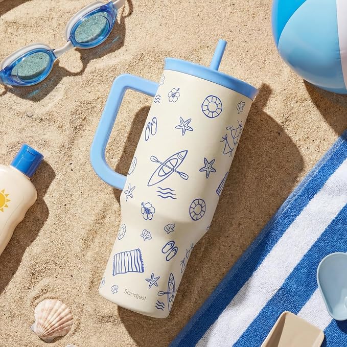 SANDJEST Beach 40oz Tumbler with Handle and Straw, Insulated Stainless Steel Travel Coffee Mug for Women Girls Beach Lovers, Gift Idea for Birthday Christmas Mothers Day Summer Vacation (Blue)