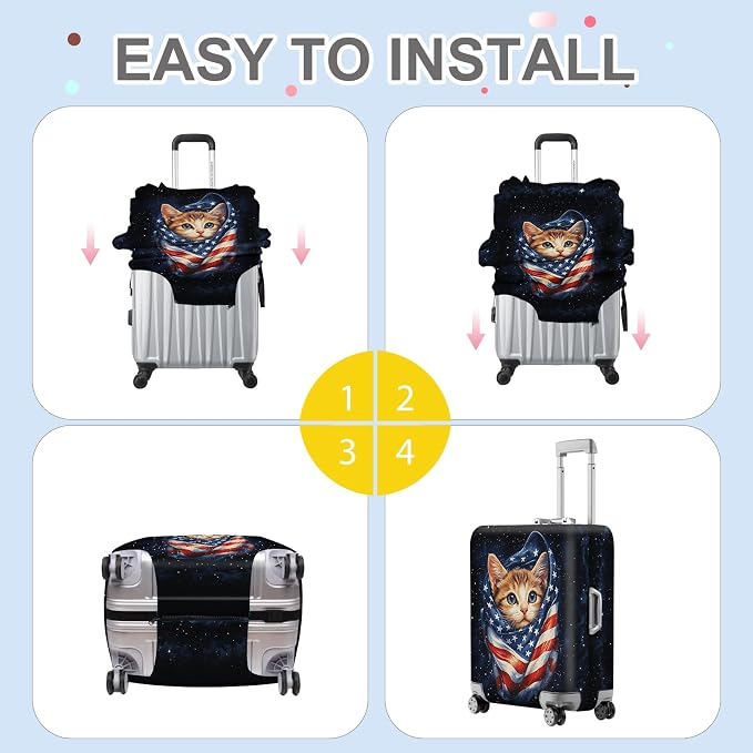 ANNA QUEEN Cute Patriotic Cat Luggage Cover, American Flag Suitcase Protector