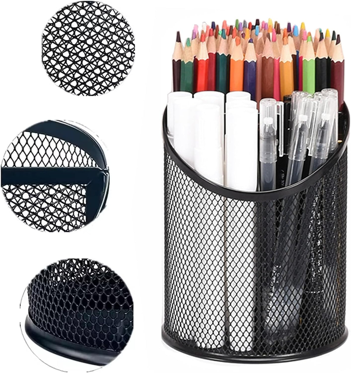 2 Pack Mesh Pencil Holder Pen Cup for Desk Round Black Pen Holder Desktop Pen Organizer 3 Compartments Pencil Organizer Desk Organizer for Office Home School