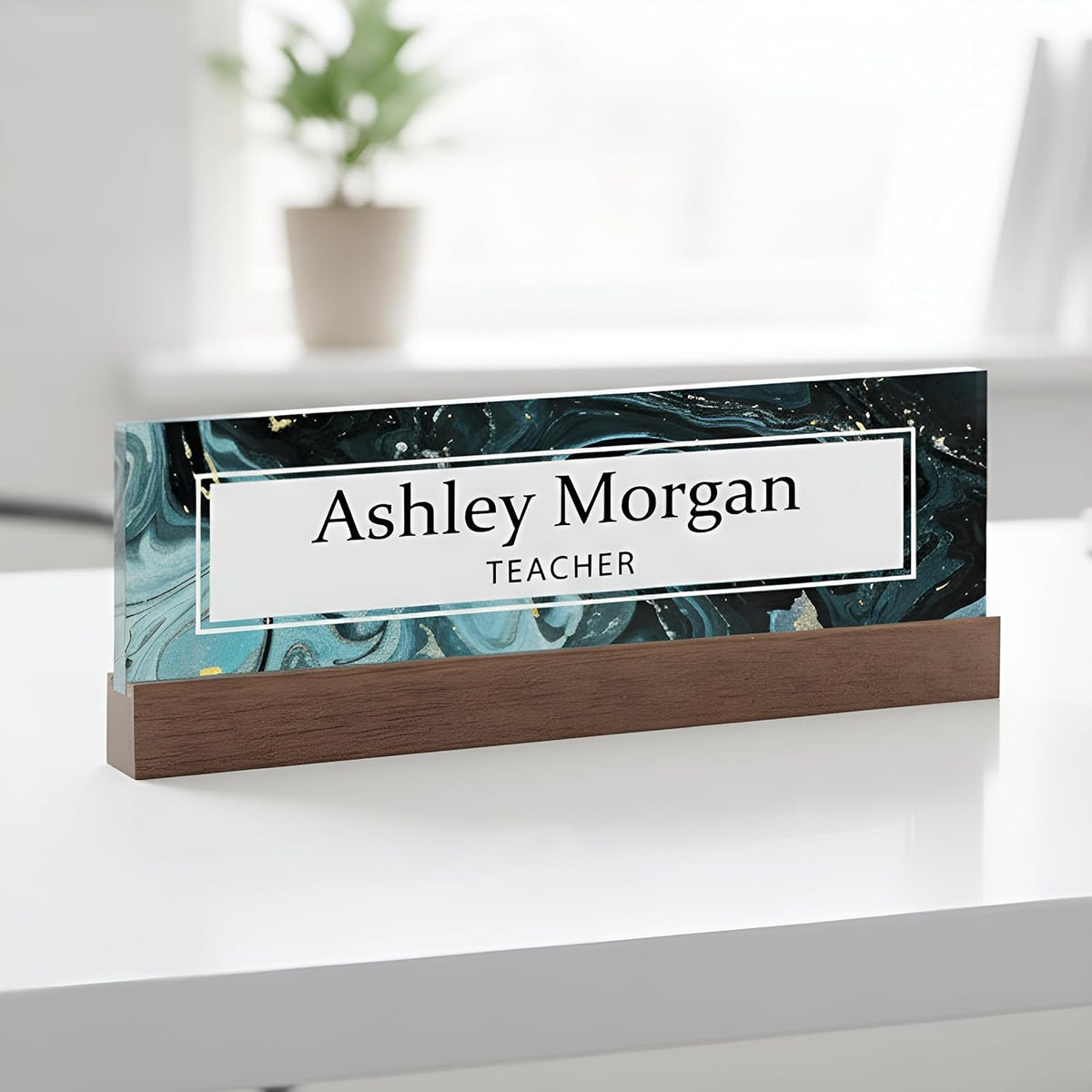 ARTBLOX | Office Personalized Name Plate Green Marble Design On Clear Acrylic Glass for Desk with Business Card Holder