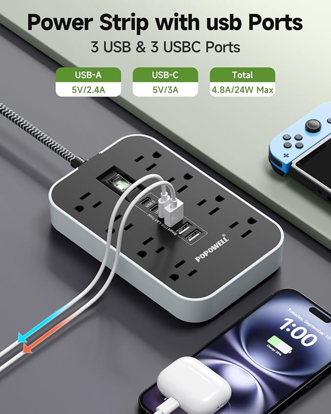 Power Strip Surge Protector- 5FT Flat Plug Extension Cord, 8 AC Outlet& 6 USB