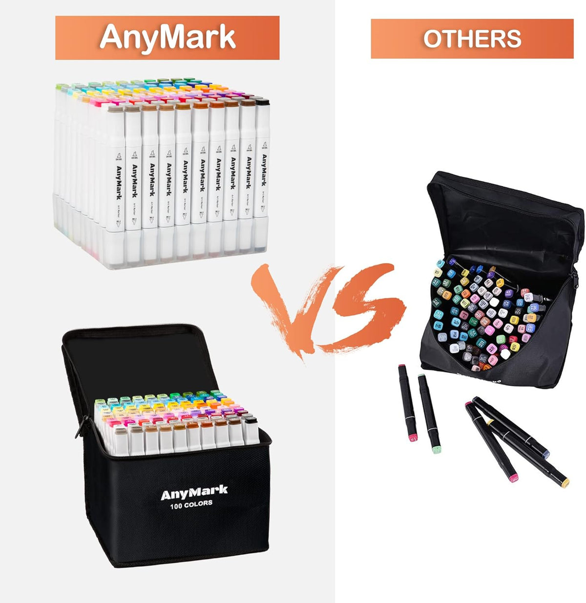AnyMark Alcohol Markers, 100 Colors Dual Tip Art Coloring Markers Set for Kids Adult Book Drawing Sketching Painting, Chisel & Fine, White Penholder