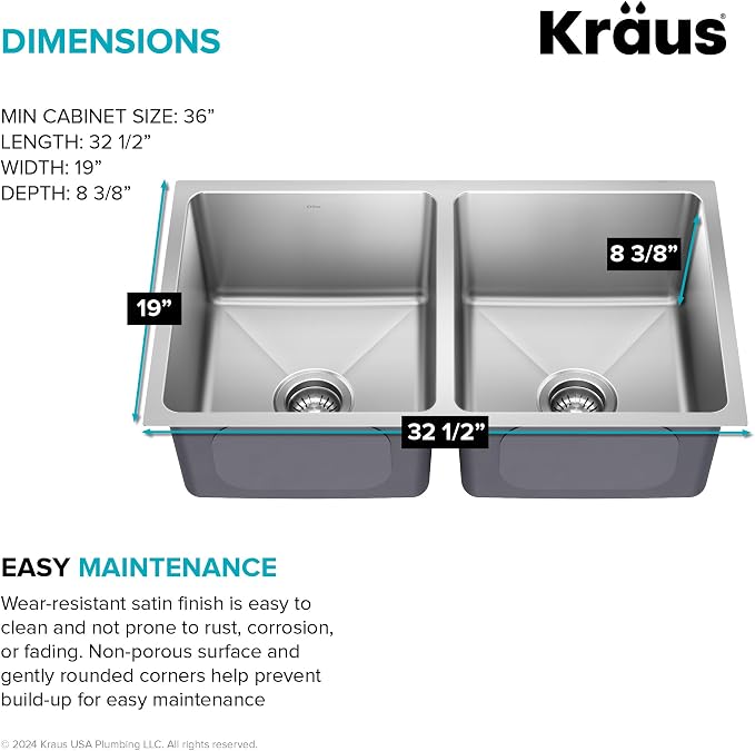KRAUS Fairlane 33-inch Undermount Double Bowl 18-Gauge Stainless Steel Kitchen