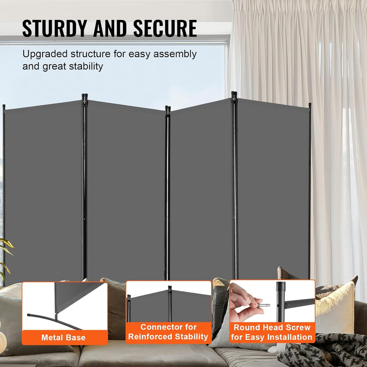 VEVOR Room Divider, 4 Panel Room Divider, Folding Privacy Screen and Portable Partition Divider for Room Separation, Freestanding Room Partitions for Office, Bedroom, Study, Grey