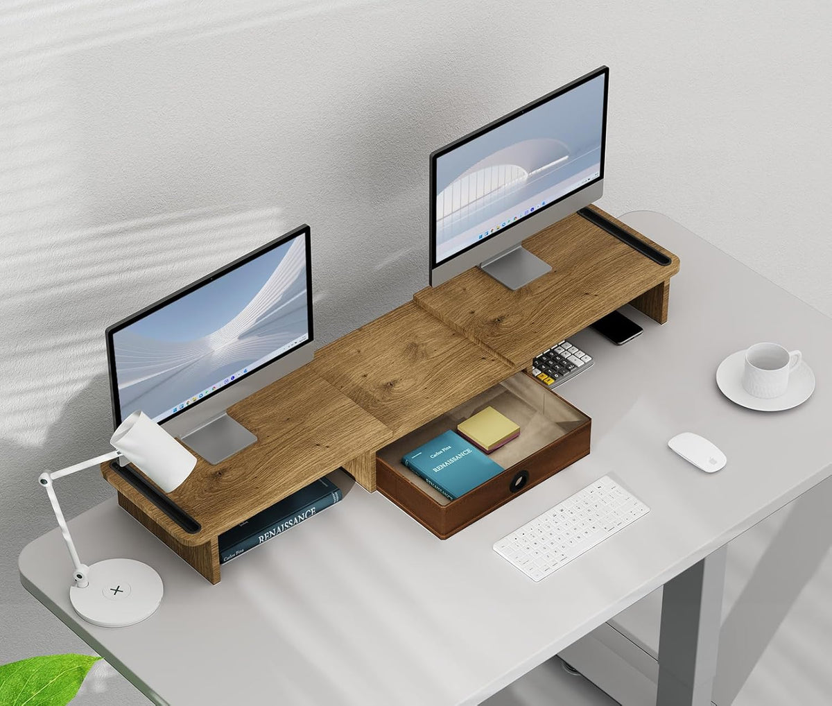 Dual Monitor Stand Riser with Drawer-Adjustable Length and Angle, Monitor Stand Riser for 2 Monitors, Desktop Organizer Stand for Computer/Laptop/PC/Printer (Oak)