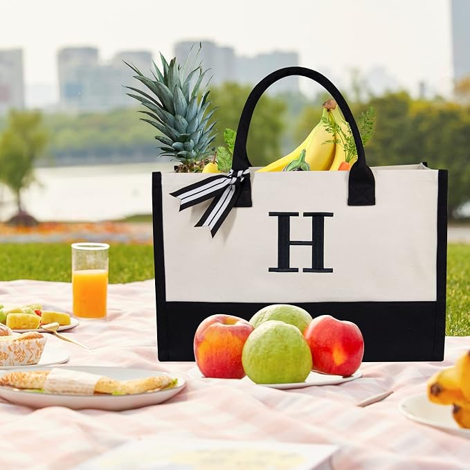 TOPDesign Embroidery Initial Canvas Tote Bag, Personalized Present Bag