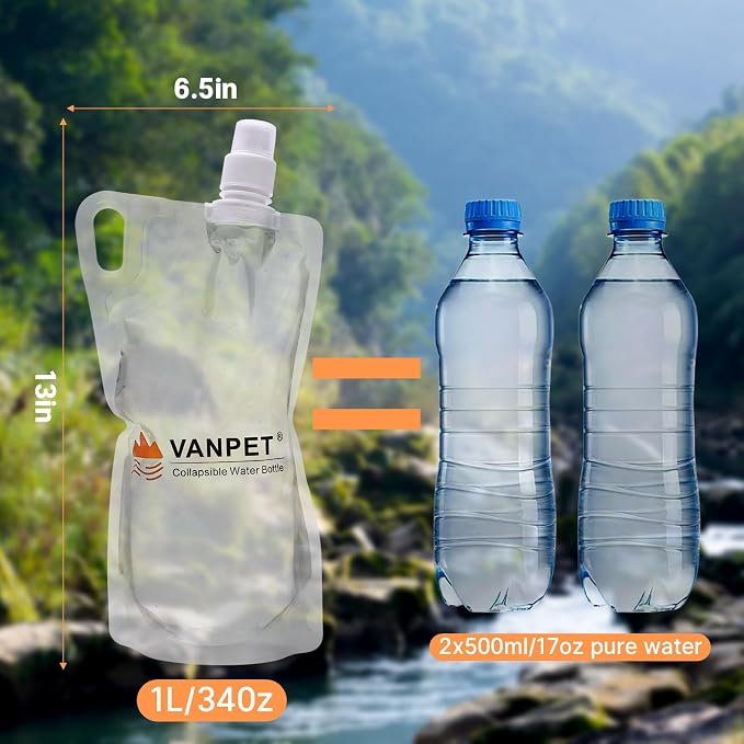 1L Hiking Collapsible Water Bottles, 33OZ BPA-Free Plastic Flasks, Reusable