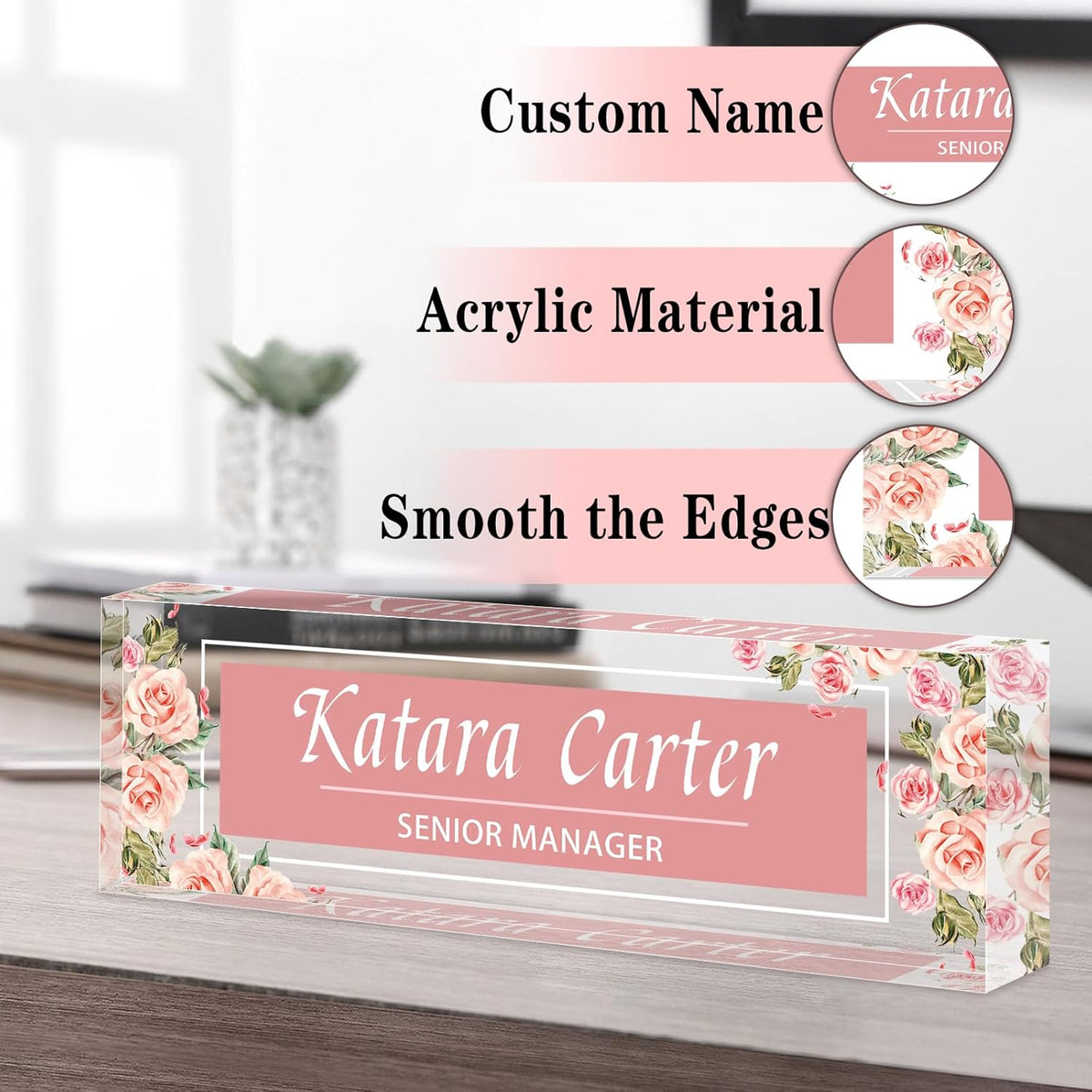 Name Plate for Desk Personalized, Acrylic Desk Decorations, Employee Appreciation Gifts, Custom Office Gifts for Coworkers, Boss, Teacher, Nurse (Rose)