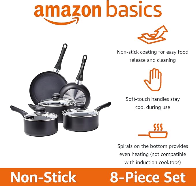 Amazon Basics Non Stick Kitchen Cookware 8-Piece Set, Non-Induction, Includes