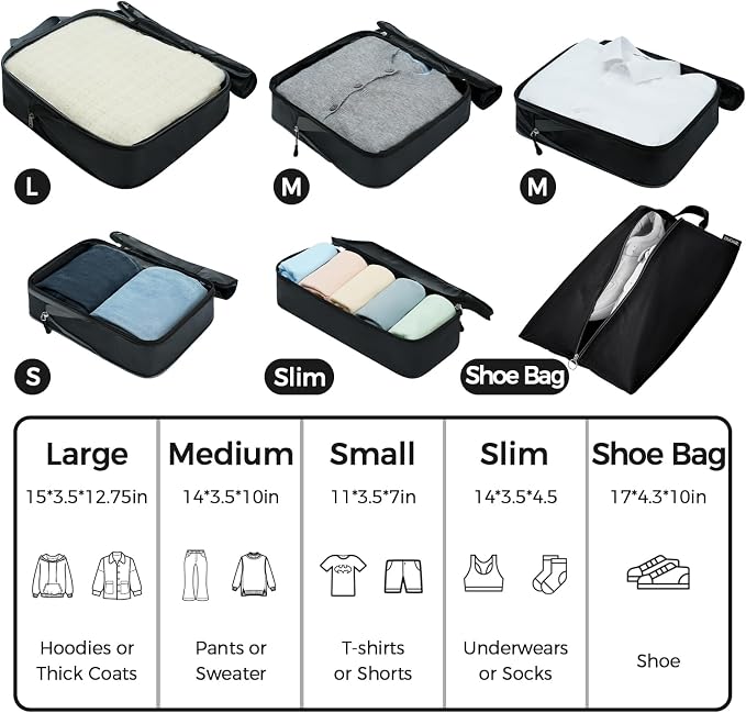 BAGAIL 6 Set Ultralight Compression Packing Cubes Packing Organizer