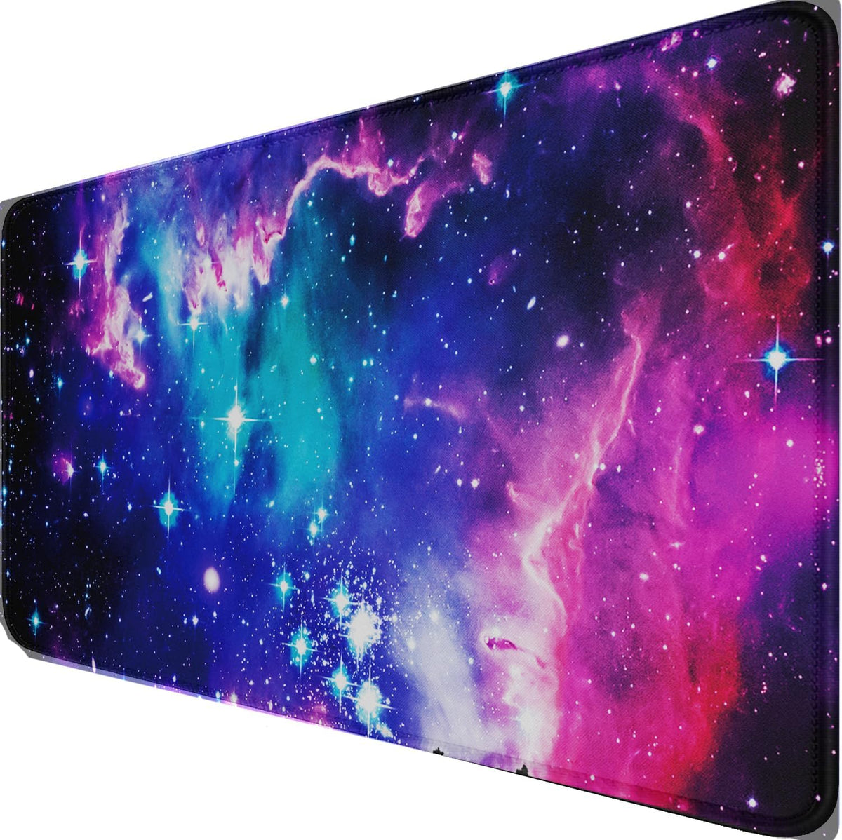 Large Extended Gaming Mouse Pad with Stitched Edges, (31.5X15.7In) Durable Non-Slip Natural Rubber Base, Waterproof Computer Keyboard Pad Mat for Esports Pros/Gamer/Desktop/Office/Home, Galactic Blue