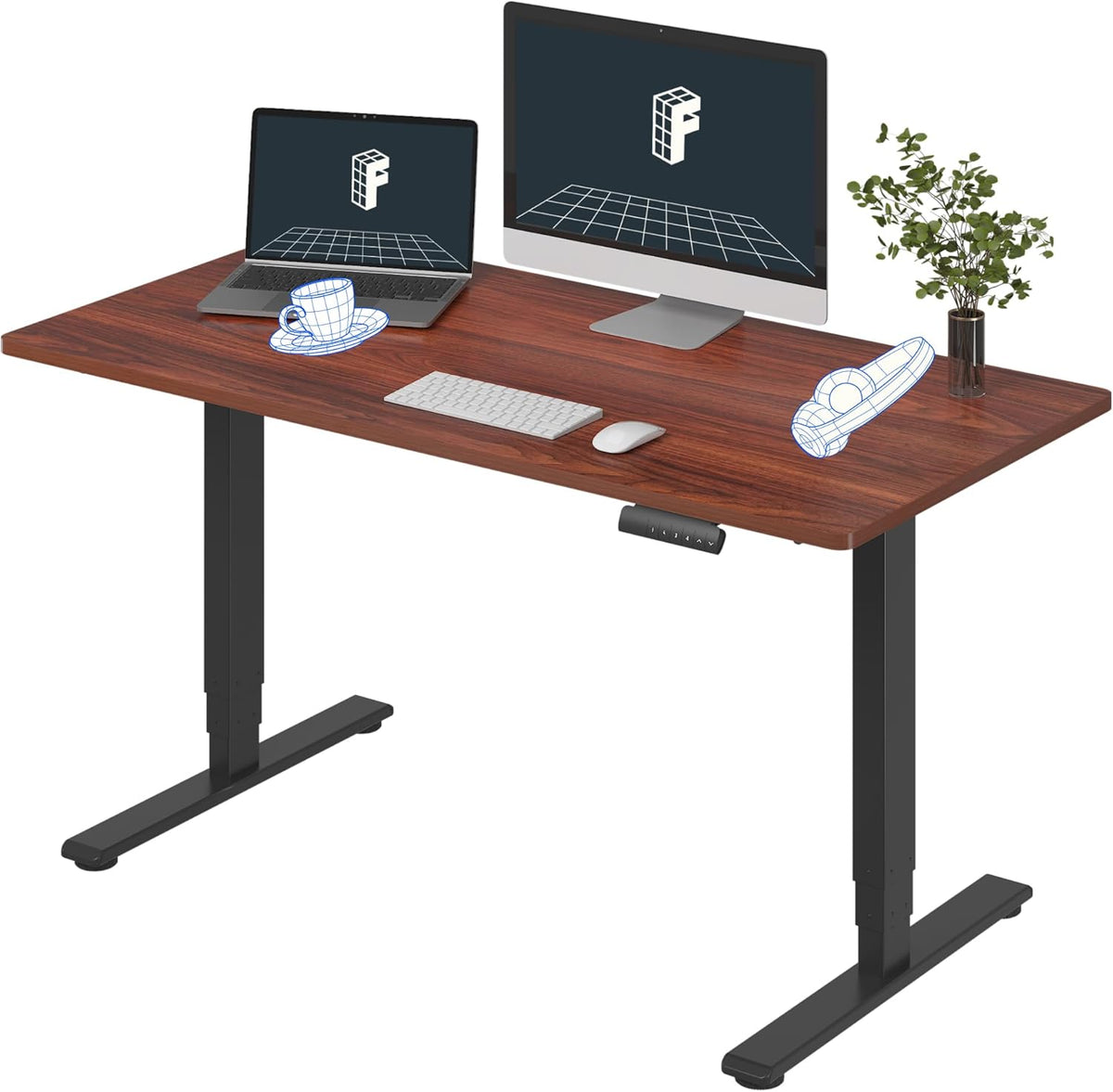 FLEXISPOT E6 Essential 3 Stages Dual Motor Electric Standing Desk 55x28 Inch Whole-Piece Board Height Adjustable Electric Sit Stand Desk(Black Frame + Mahogany Desktop, 2 Packages)
