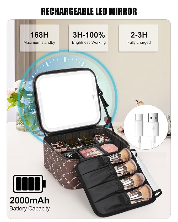 Relavel Travel Makeup Bag With LED Mirror, Portable Cosmetic Organizer Bag with