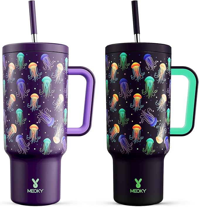 Meoky 40 oz Tumbler with Handle and Straw: Glow in the Dark Tumbler with Lid and Straw - Stainless Steel Insulated Tumbler for Car Cup Holders - Travelers Commuters Workers, Jellyfish