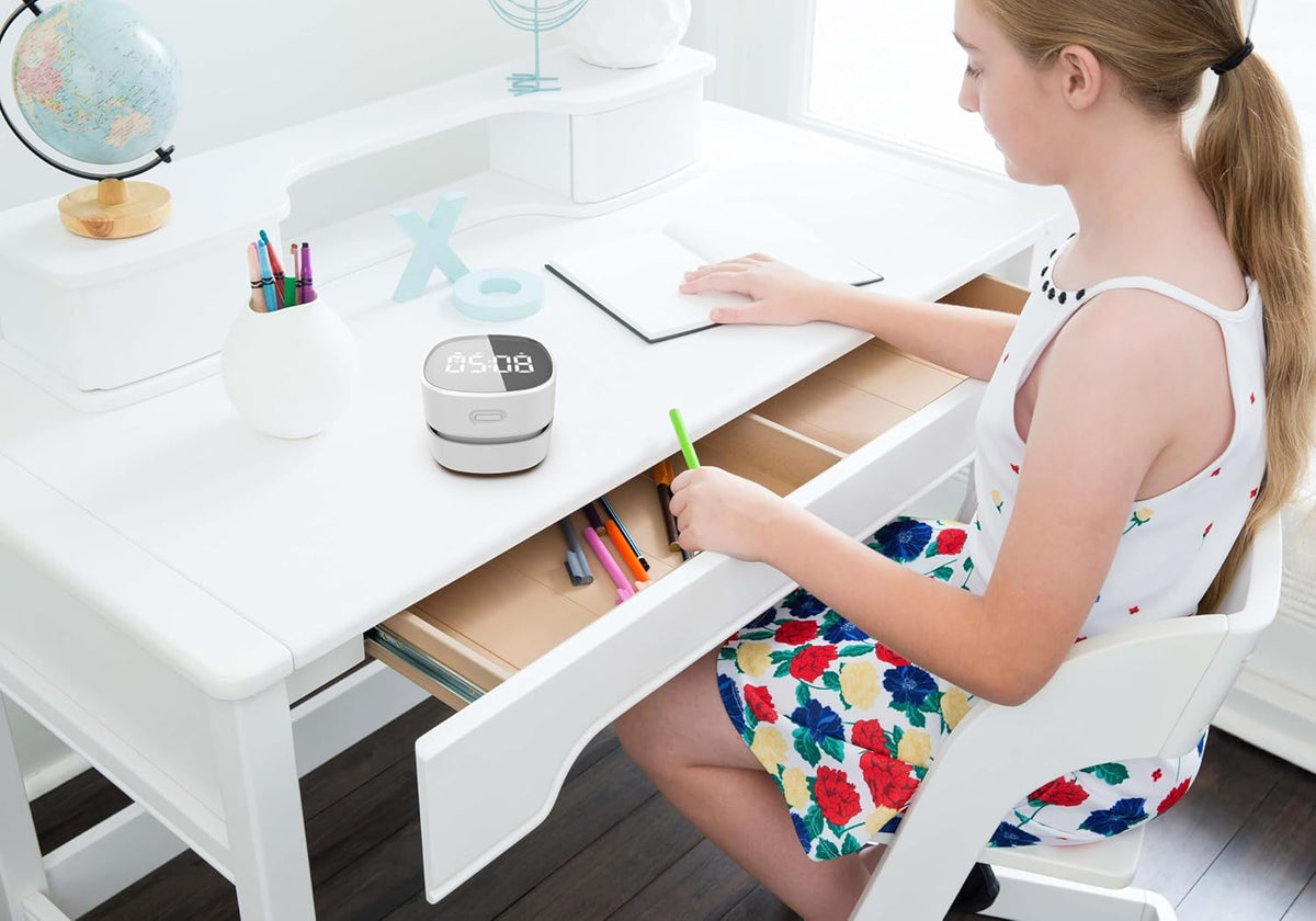 ODISTAR Counter Vacuum Cleaner,Mini Table dust Sweeper Energy with Digital Timer,Endurance up to 400 mins,360º Rotatable for Cleaning Rubber shavings,Crumbs Keyboard of Gifts for Kids(White)