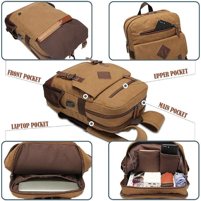 Canvas Backpack for Men Women, Vintage Rucksack Fits Most 15.6 Inch Laptop