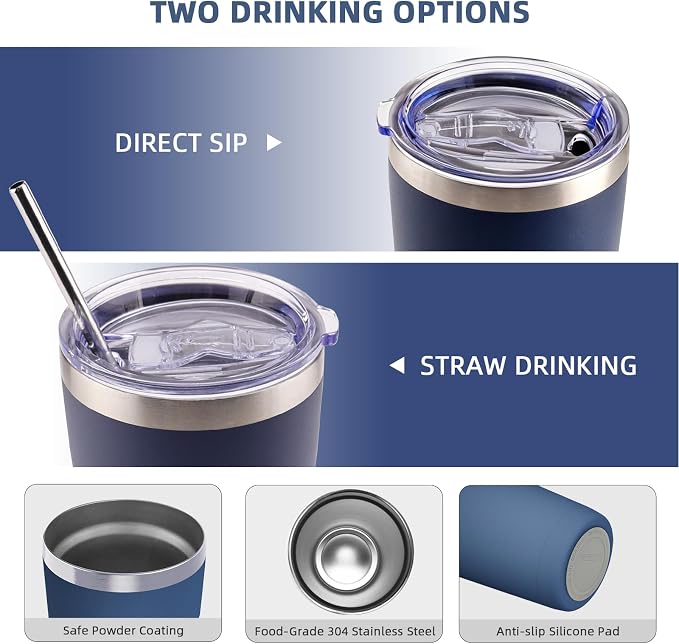 GGQ 20oz Travel Coffee Tumbler Food-Grade 304 Stainless Steel Vacuum Insulated Double Wall Leak-Proof Lid Reusable Straw Hot and Cold Drinks Cup Holder Friendly (Navy Blue)