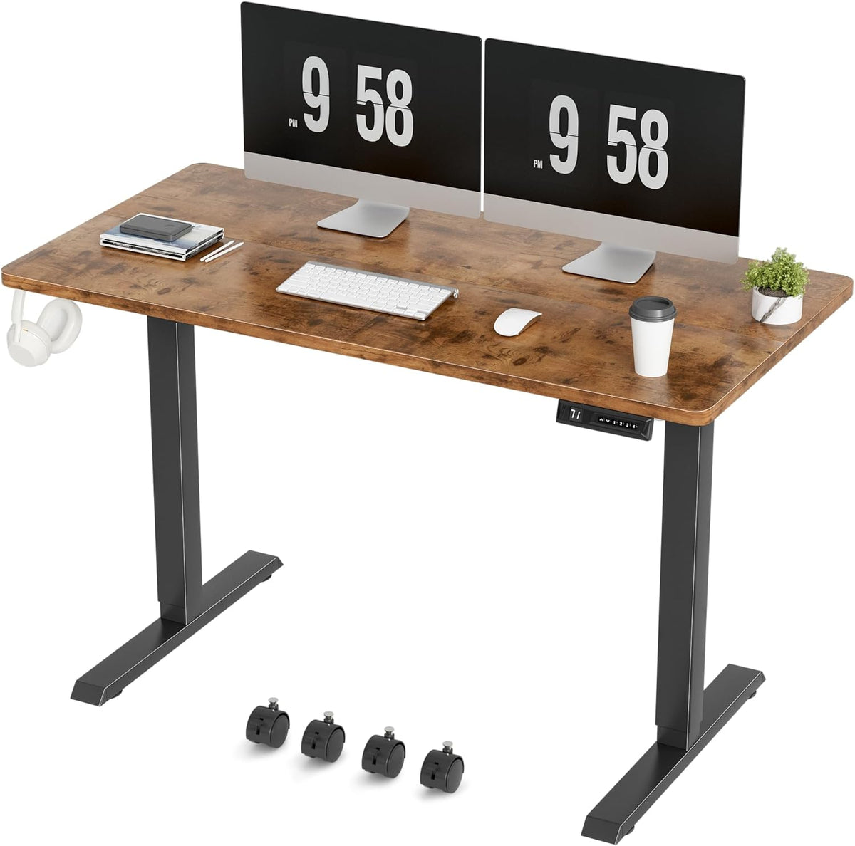 Furmax Electric Standing Desk, 47 x 24 Inches Height Adjustable Desk with Removable Casters, Home Office Computer Desk (Brown)