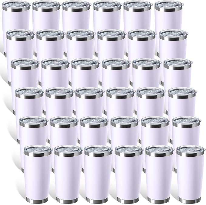 Sieral 36 Pack Stainless Steel Tumblers Bulk with Lids Double Wall Vacuum Insulated Coffee Cups Blank leakproof Powder Coated Tumblers for Engraving Wedding Graduation Party Favors(20 oz,Purple-White)