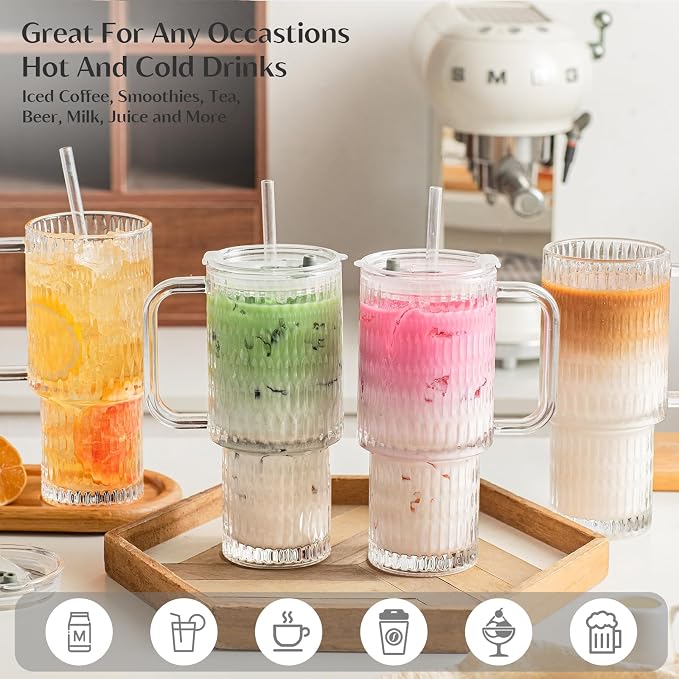 INSETLAN 26oz Raindrop Glass Tumbler with Handle and Lid, Set of 2 – Reusable Iced Coffee Cups with Lids, Clear Glass Cups with Straw for Coffee, Smoothies, Tea, Juice – Perfect for any Occasion