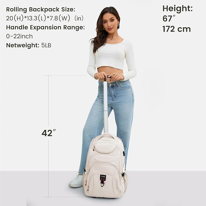 Boavan Rolling Backpack for Women, 17.3 Inch Wheeled Laptop Backpack, Large