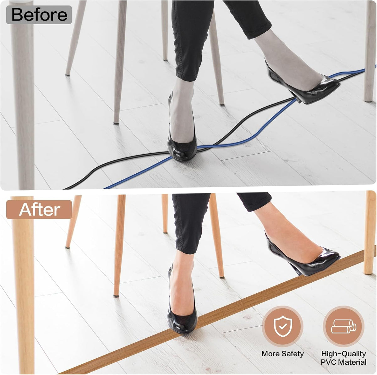 Floor Cord Cover Self Adhesive Cord Hider Floor Extension Cord Covers for Floor Power Cord Protector Cable Management Prevent Cable Trips Cable Cavity 0.32" W x 0.32" H (Light Brown Wood, 10Ft)