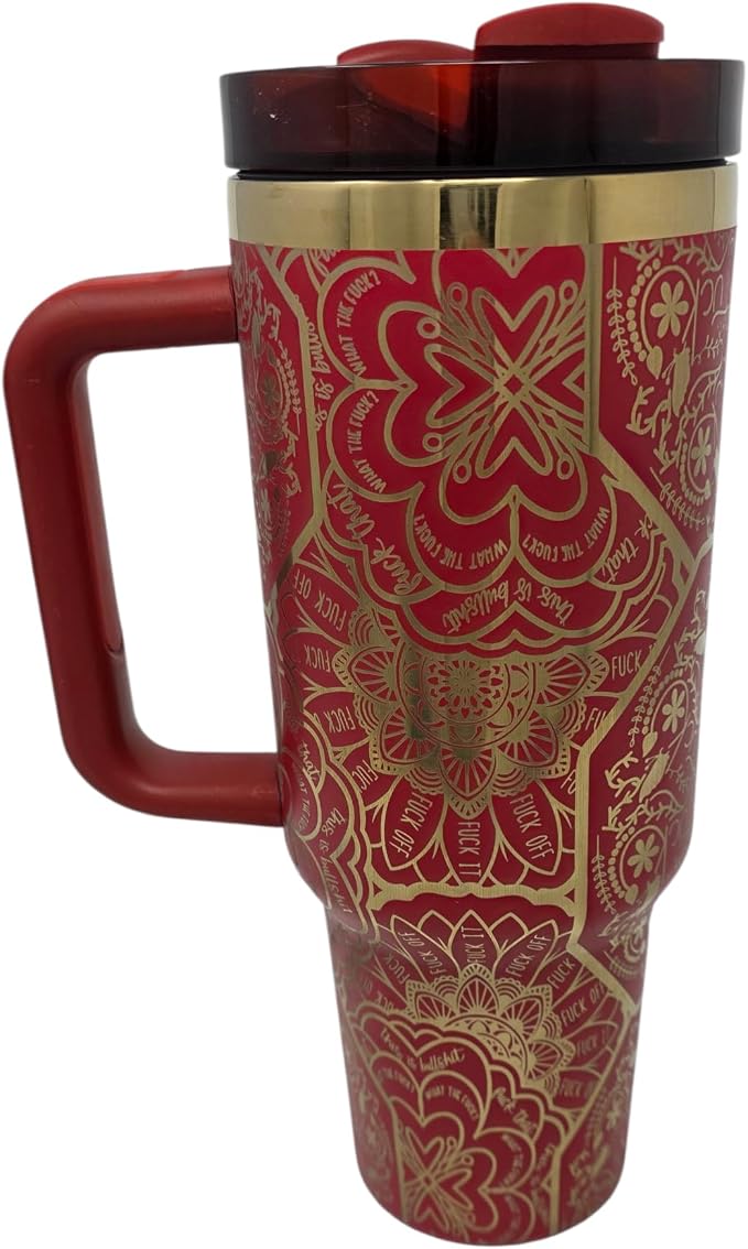 Hidden Cuss Word Tumbler 40oz Laser Engraved Funny Nurse Gift Swear Tumbler with Lid and Straw, Multicolor, Gag Gift Hidden Curse Words Stainless Steel Travel Mug (Red with Gold Underlay)