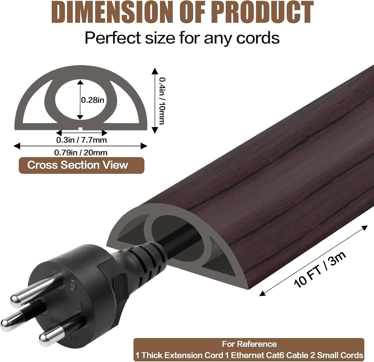 Floor Cord Cover Self Adhesive Cord Hider,10FT Cable Management, Extension Strip Protector for Wires, Prevent Cable Trips for Offices, Gyms, Exhibitions Cavity:0.3"(W) x 0.28"(H) Black Wood