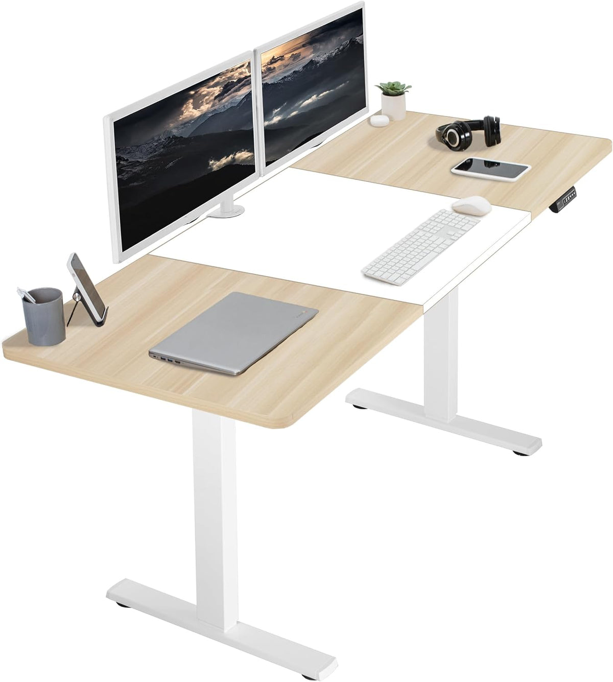 VIVO Electric 71 x 30 in Standing Desk, Memory Height Adjustment, 1B Series, White and Light Wood Top, White Frame, DESK-KIT-1W7WC