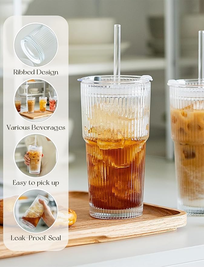 20 oz Glass Tumblers, Iced Coffee Cups with Lids and Glass Straws, Thickened Wall Ribbed Glass Cups, Ideal for Smoothies, Cocktails, and Juices – Vintage and Durable Drinkware – 1 Pack
