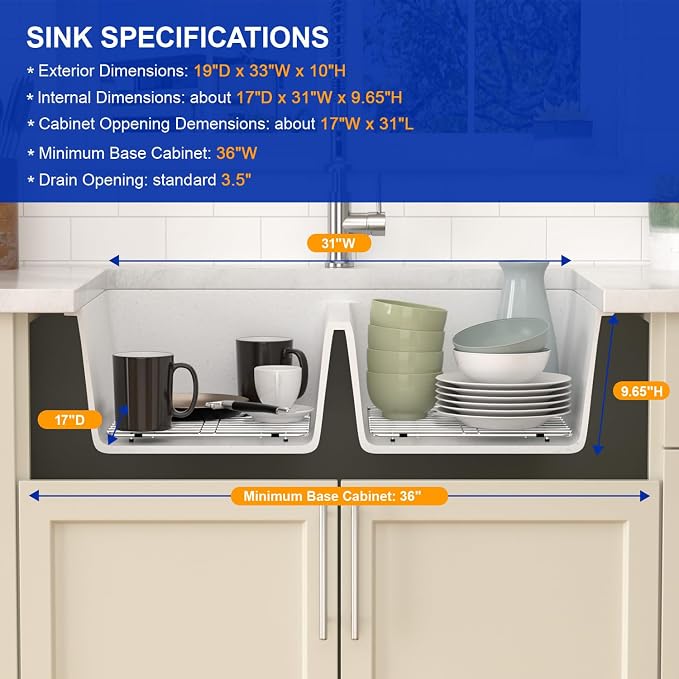 Dcolora 33 Inch Double Bowl Undermount Kitchen Sink White Deep Double Basin
