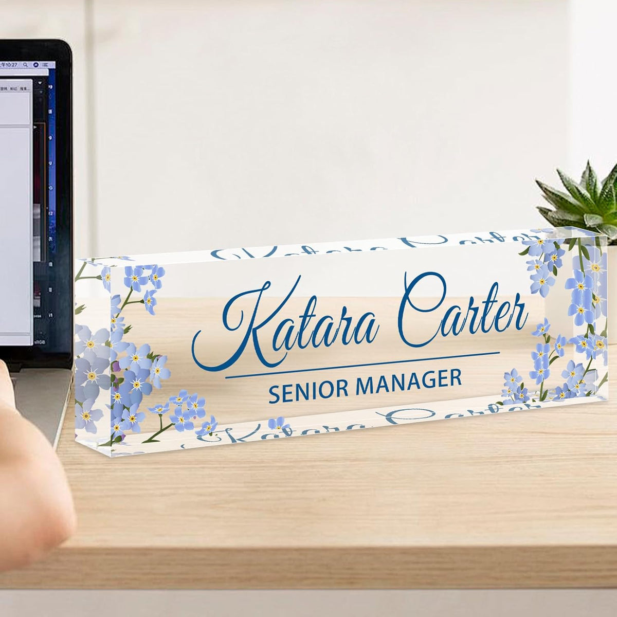 Name Plate for Desk Personalized, Acrylic Desk Decorations, Employee Appreciation Gifts, Custom Office Gifts for Coworkers, Boss, Teacher, Nurse (Blue Bouquet)