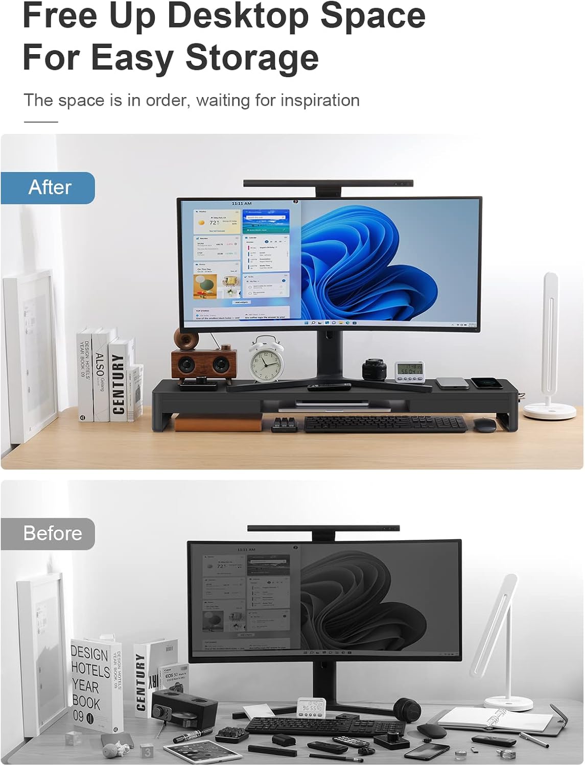meatanty Dual Monitor Stand Riser with 2 Storage Drawers and 4 USB Ports, Metal Stand for 2 Monitors Supports Data Transfer and Charging, Desk Organizer for PC, iMac (38.7 inches)