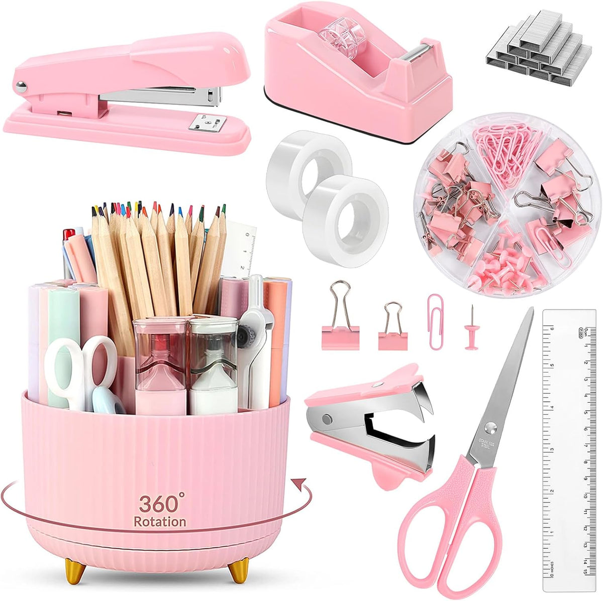 SKYDUE Pink Desk Accessories 10Pcs, Rotating Pen Holder for Desk, Stapler, Staple Remover, Tape Dispenser,2pcs Tape Refills, Binder Paper Clips Kit, Scissor,Pink Office School Supplies