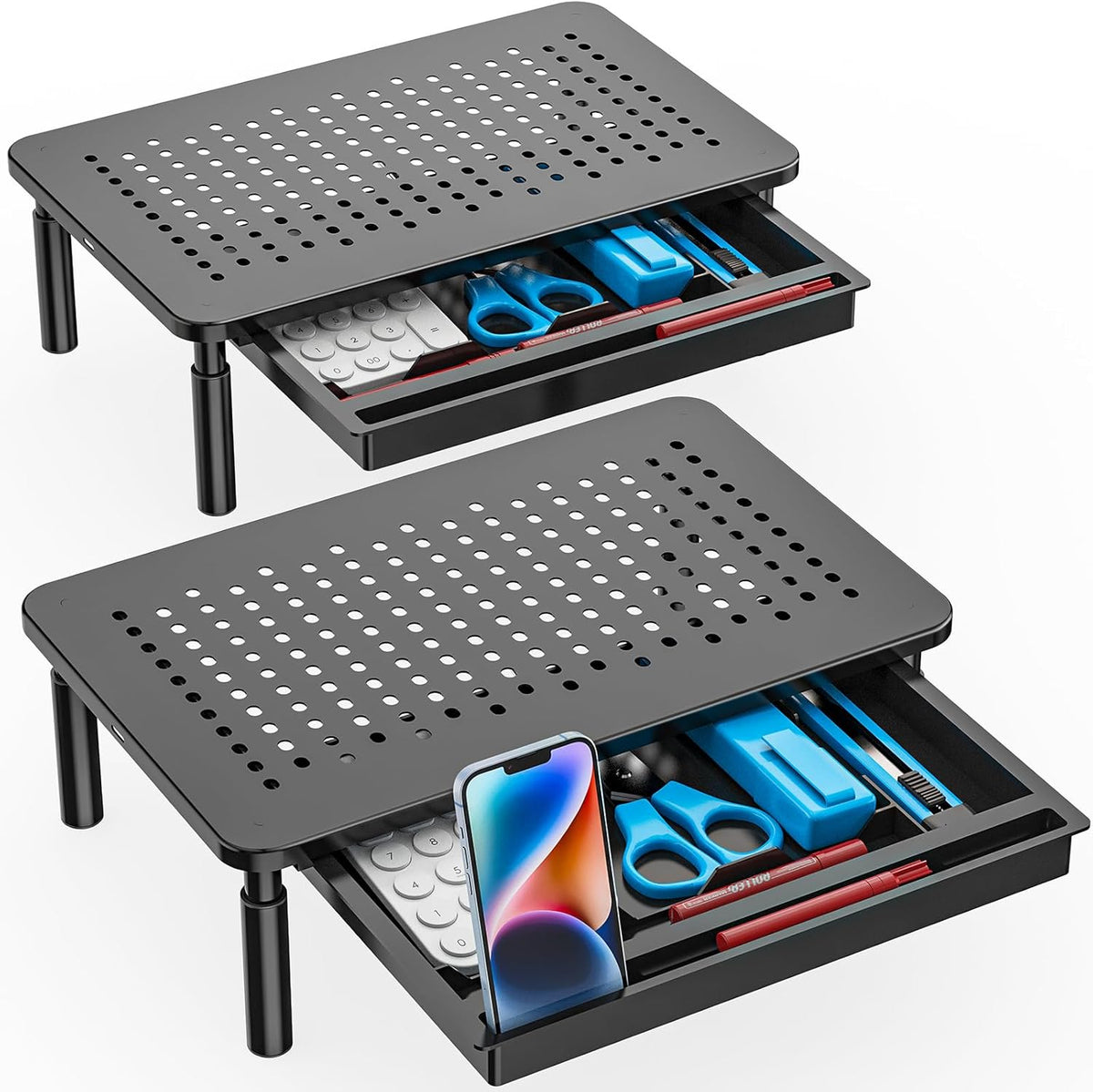 WALI Dual Monitor Stand with Storage, Desk Monitor Riser 3 Height Adjustable, Laptop Riser with Airflow Vents, Desk Organizer for Computer, Laptop, Printer, Notebook (STT003D-2B), 2 Pack, Black